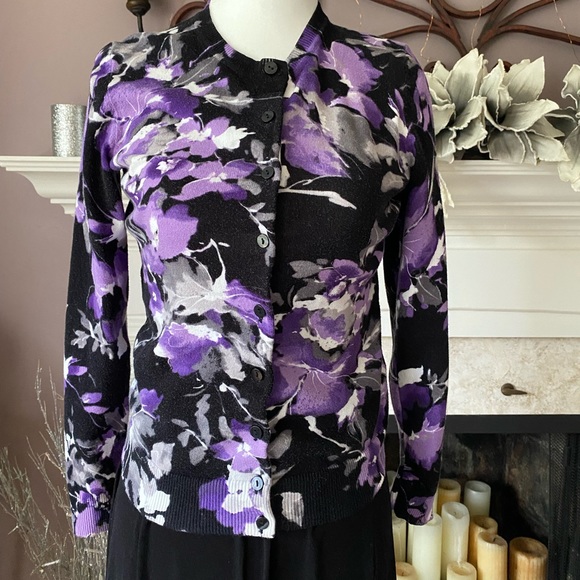 Karen Scott Black and Floral Print Cardigan - Picture 1 of 9